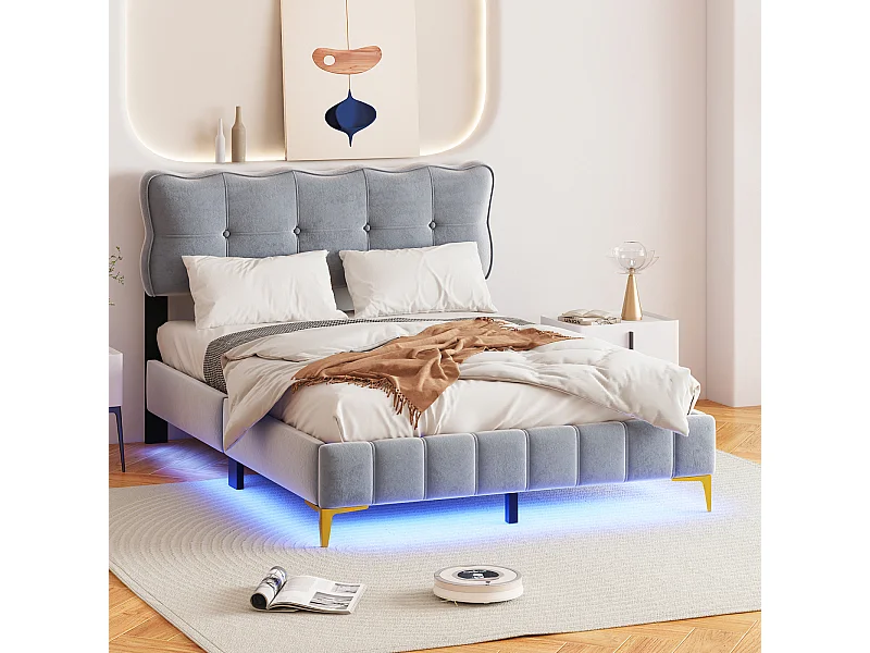 Volwassen bed in fluwelen stof, gestoffeerd tweepersoonsbed met LED, lattenbodem, hoofdbord, hoge grijze metalen poten 140x200cm