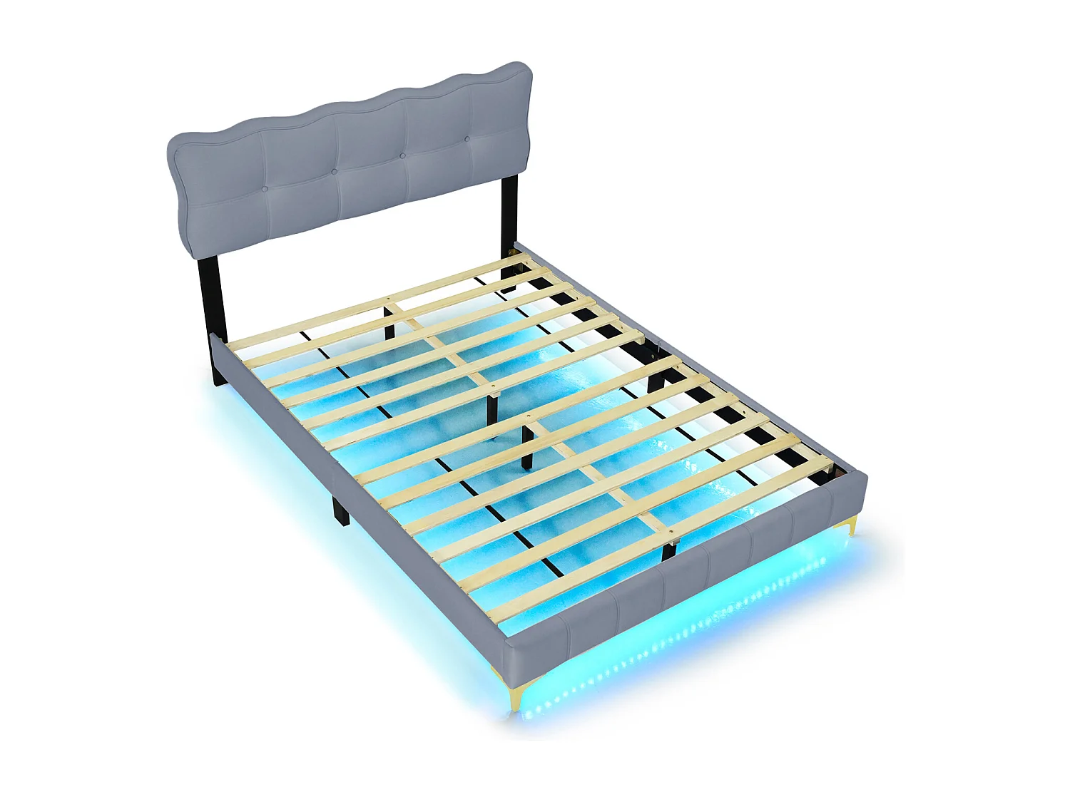 Letto per adulti in velluto, letto matrimoniale imbottito con LED, rete a doghe, testiera, gambe alte in metallo grigio 140x200cm