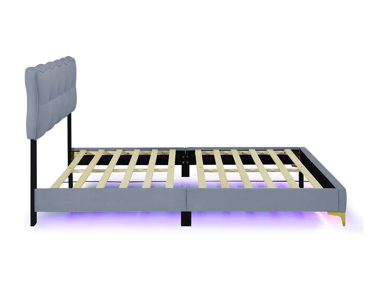 Letto per adulti in velluto, letto matrimoniale imbottito con LED, rete a doghe, testiera, gambe alte in metallo grigio 140x200cm