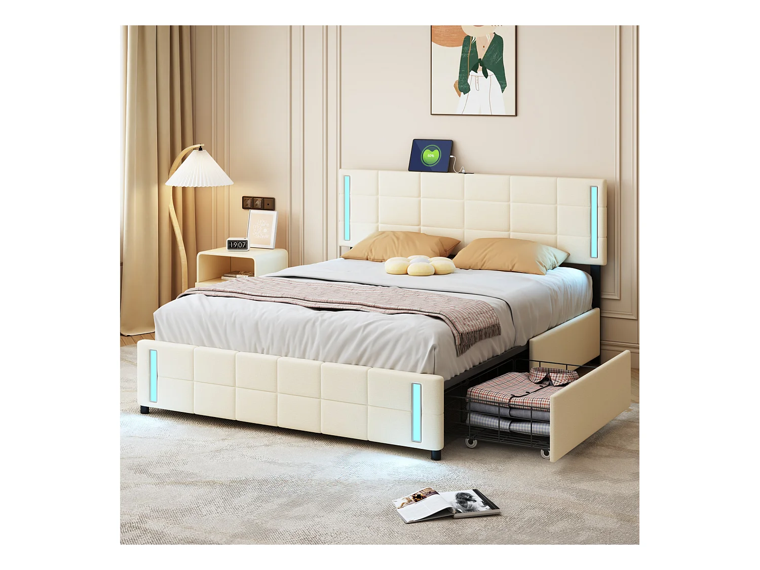 Volwassen bed 140x200cm, tweepersoonsbed met 4 lades, lattenbodem, hoofdbord met LED en 2 USB-oplaadstations, linnen, beige