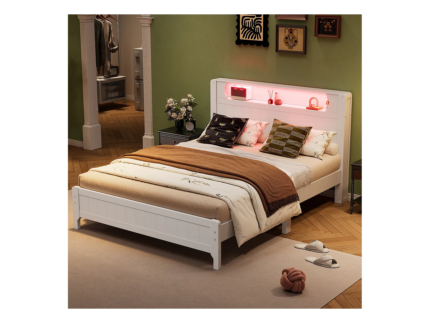 Lit double 140x200 cm avec étagère ouverte et bande lumineuse, lit plateforme en pin blanc et MDF - Pour adolescents et adultes