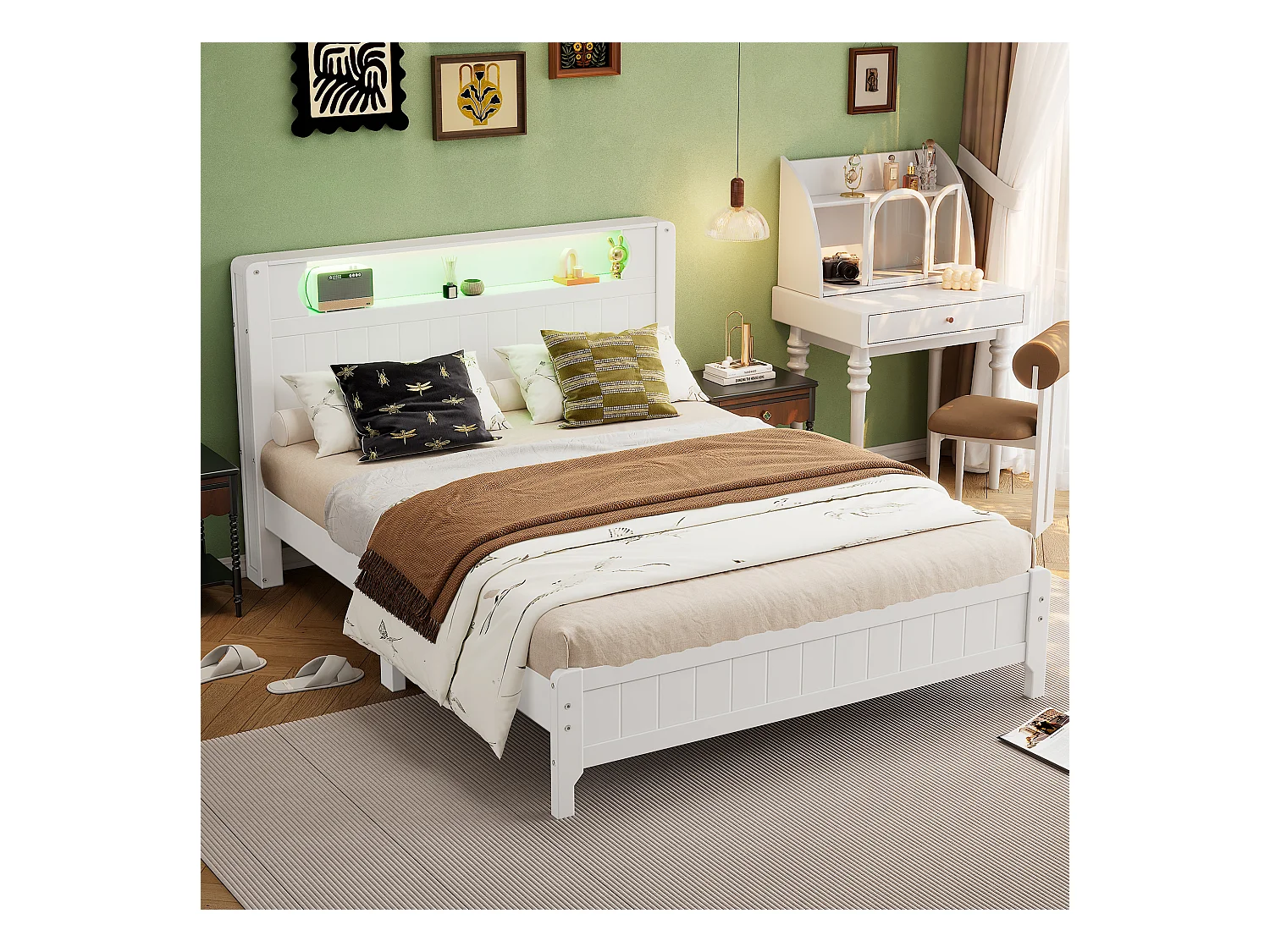 Tweepersoonsbed 140x200 cm met open plank en lichtlijst, platformbed in wit grenen en MDF - Voor tieners en volwassenen