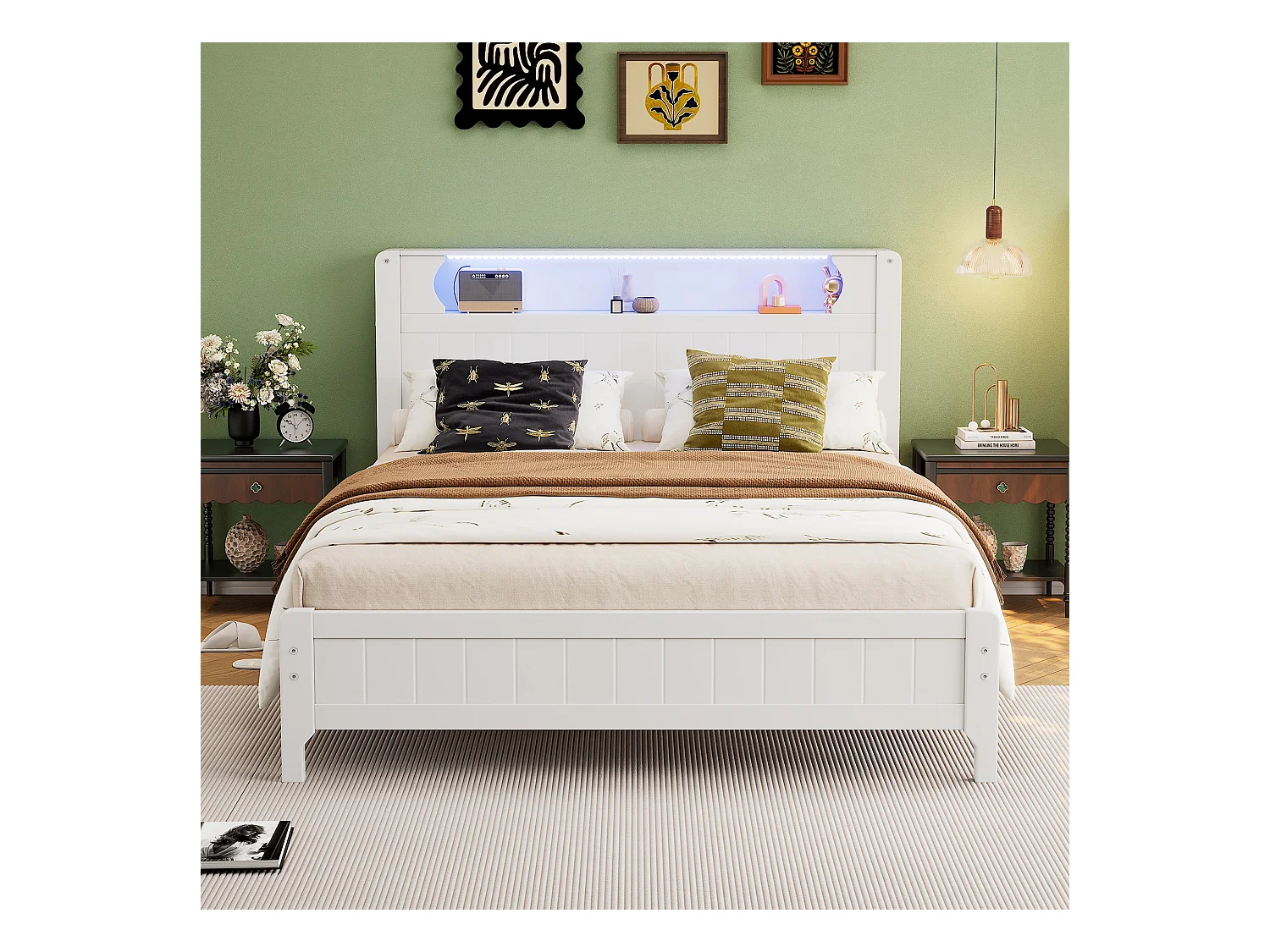 Tweepersoonsbed 140x200 cm met open plank en lichtlijst, platformbed in wit grenen en MDF - Voor tieners en volwassenen