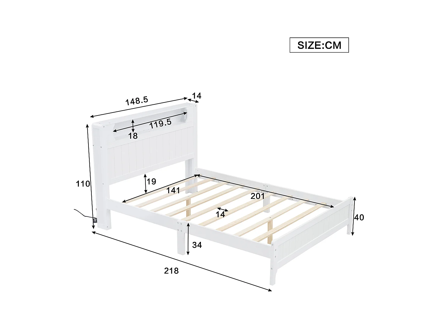 Tweepersoonsbed 140x200 cm met open plank en lichtlijst, platformbed in wit grenen en MDF - Voor tieners en volwassenen