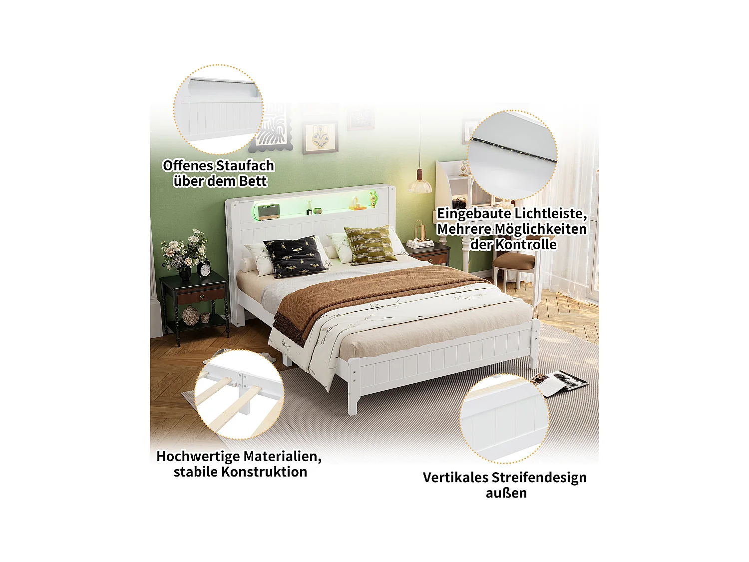 Tweepersoonsbed 140x200 cm met open plank en lichtlijst, platformbed in wit grenen en MDF - Voor tieners en volwassenen