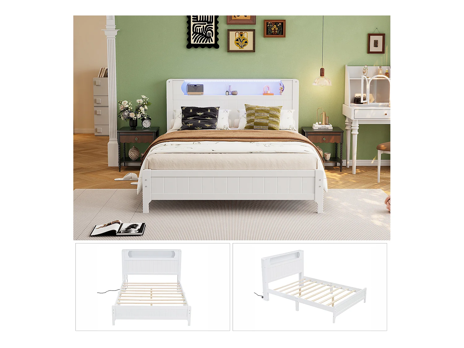 Tweepersoonsbed 140x200 cm met open plank en lichtlijst, platformbed in wit grenen en MDF - Voor tieners en volwassenen