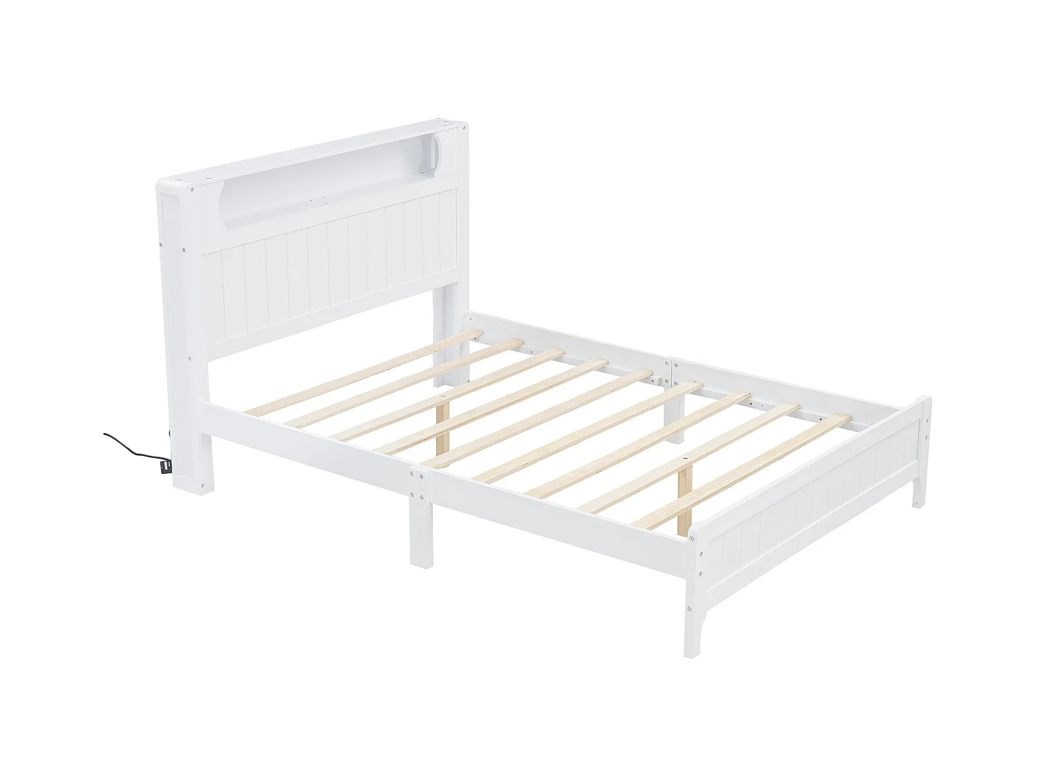 Tweepersoonsbed 140x200 cm met open plank en lichtlijst, platformbed in wit grenen en MDF - Voor tieners en volwassenen
