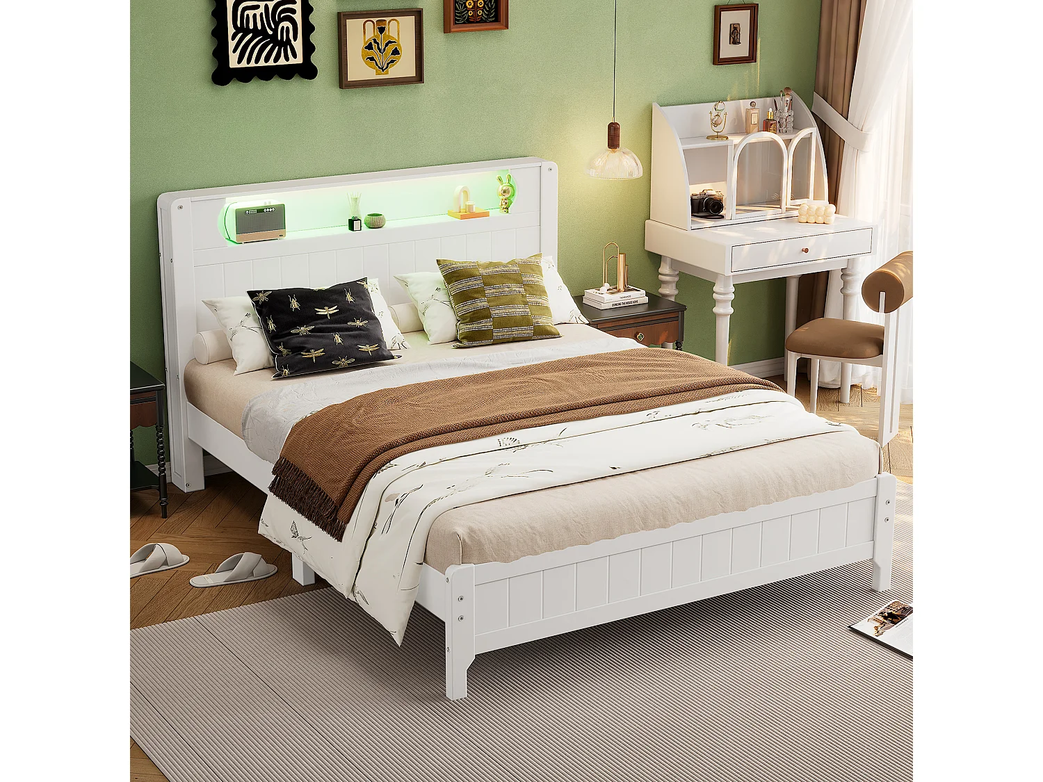 Lit double 140x200 cm avec étagère ouverte et bande lumineuse, lit plateforme en pin blanc et MDF - Pour adolescents et adultes