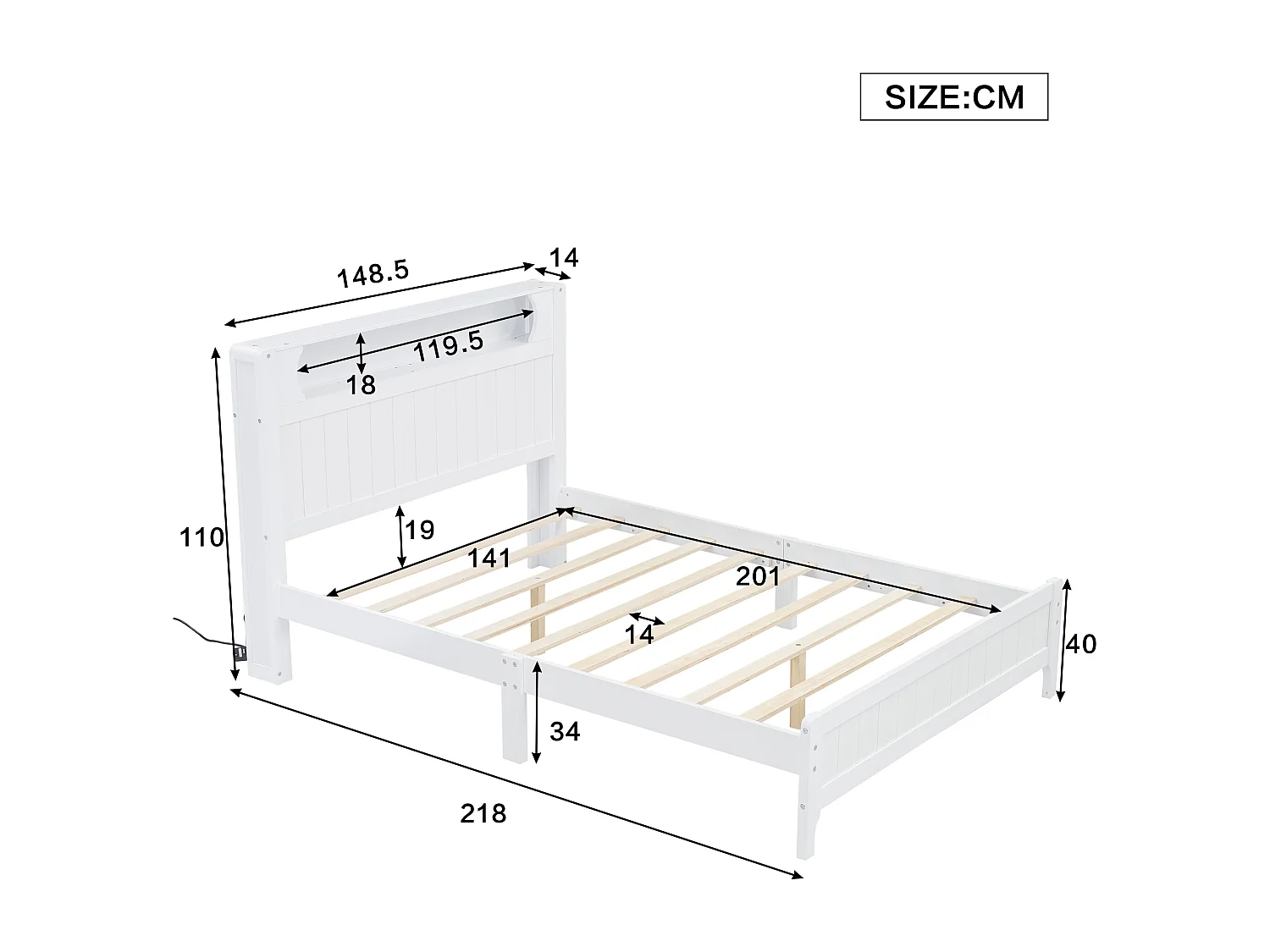 Lit double 140x200 cm avec étagère ouverte et bande lumineuse, lit plateforme en pin blanc et MDF - Pour adolescents et adultes