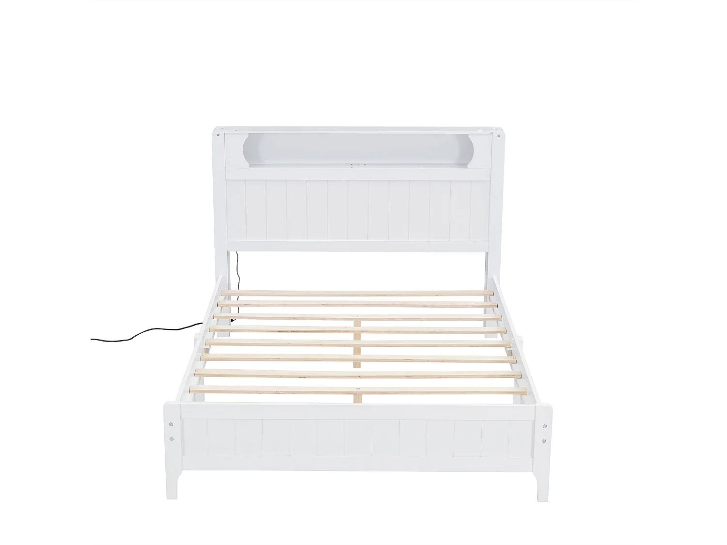 Lit double 140x200 cm avec étagère ouverte et bande lumineuse, lit plateforme en pin blanc et MDF - Pour adolescents et adultes