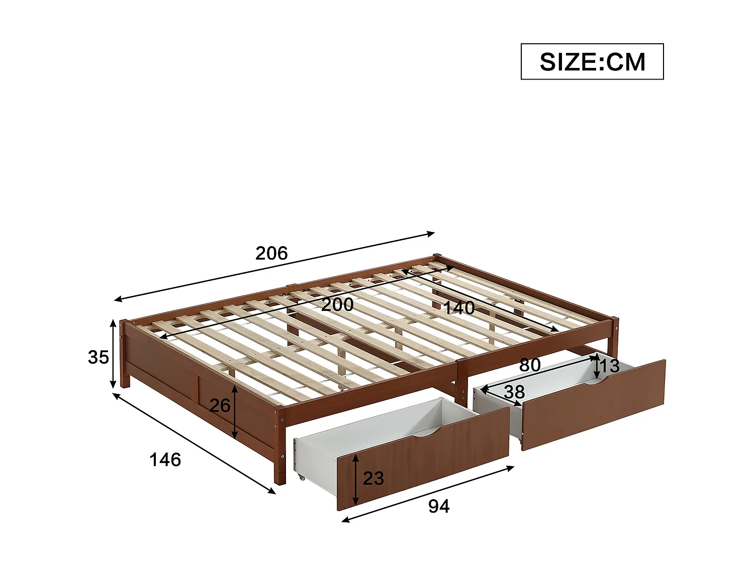 Bedframe 140x200cm - houten tweepersoonsbed met 2 lades op wielen met lattenbodems zonder hoofdbord - roodbruin