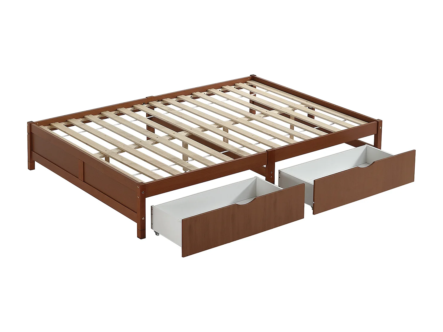 Bedframe 140x200cm - houten tweepersoonsbed met 2 lades op wielen met lattenbodems zonder hoofdbord - roodbruin