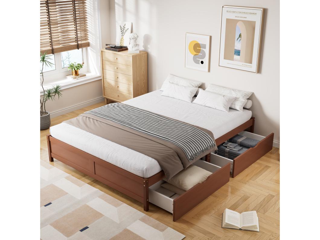 Bedframe 140x200cm - houten tweepersoonsbed met 2 lades op wielen met lattenbodems zonder hoofdbord - roodbruin