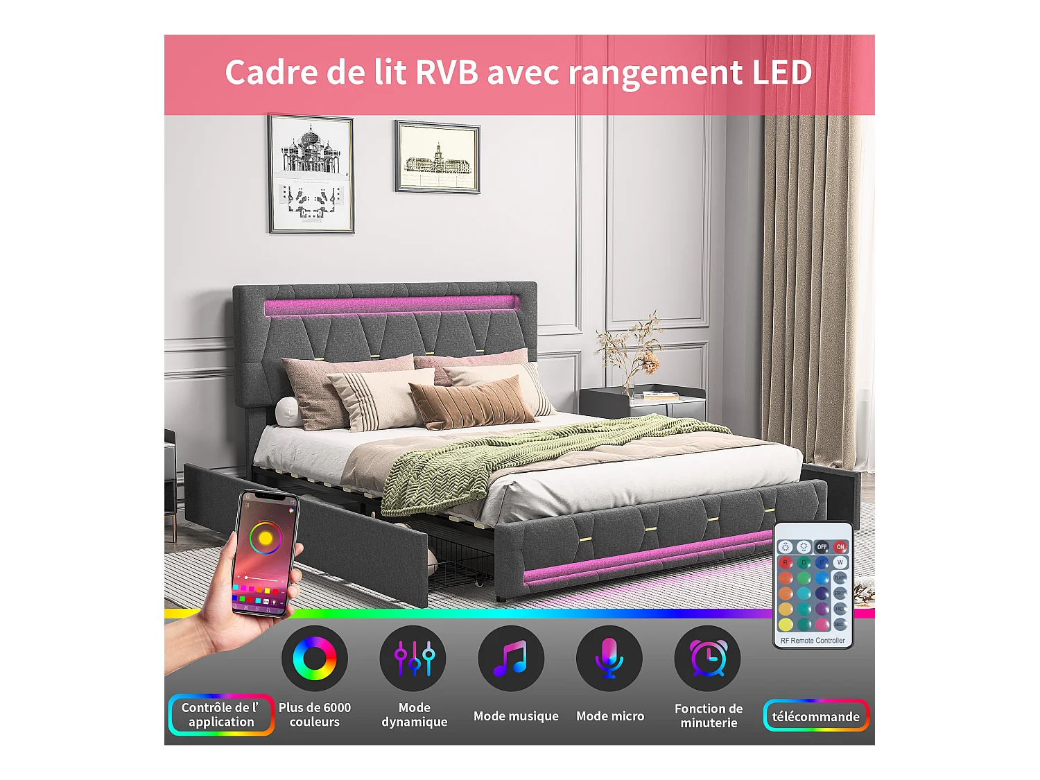 Lit 160x200cm avec 4 tiroirs + LED + sommier à lattes - lin - Gris