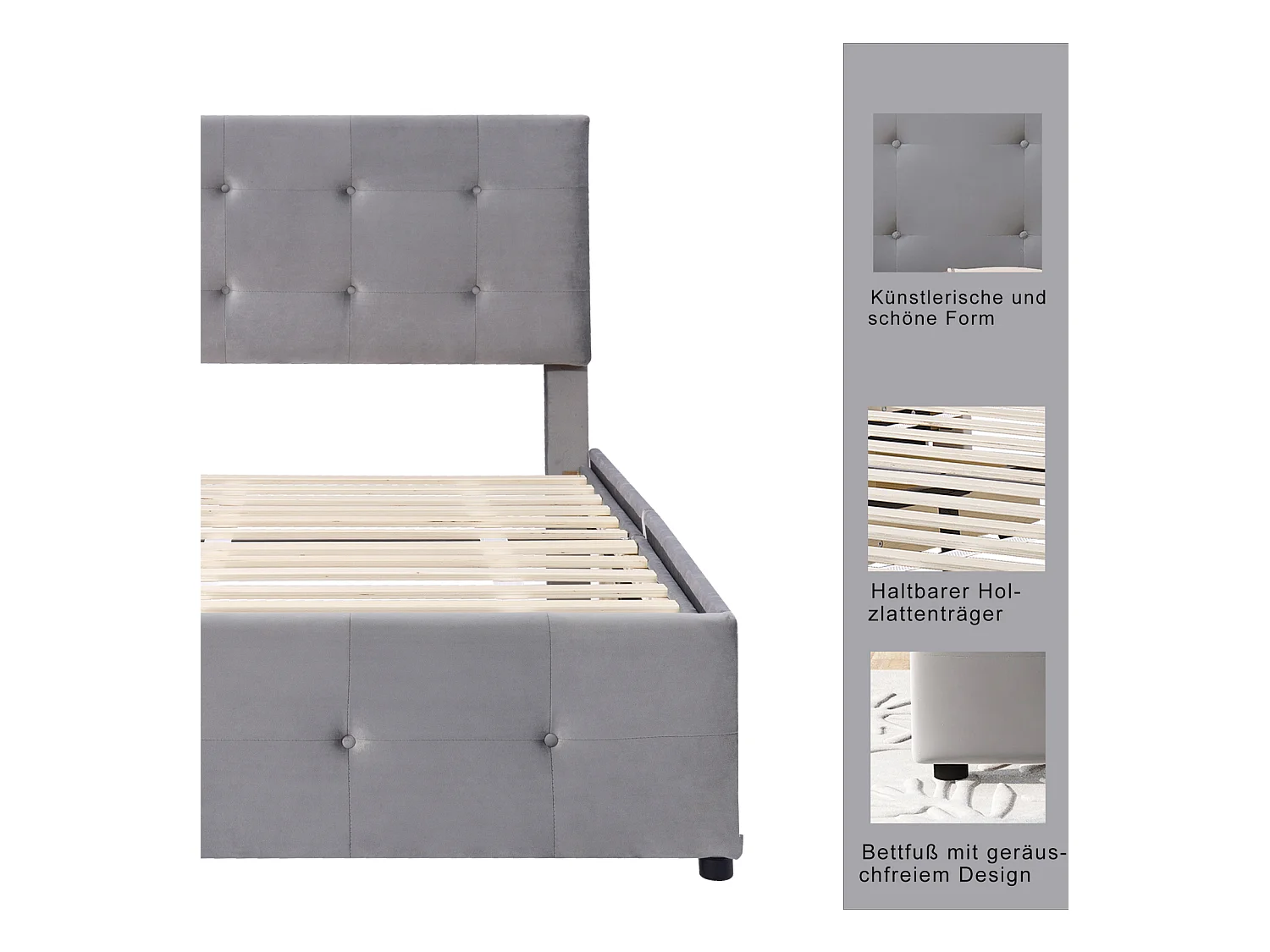 Lit capitonne 90 x 200 cm - avec 2 tiroirs, sommier à lattes et tête de lit relevable, tissu velours, style scandinave - Gris