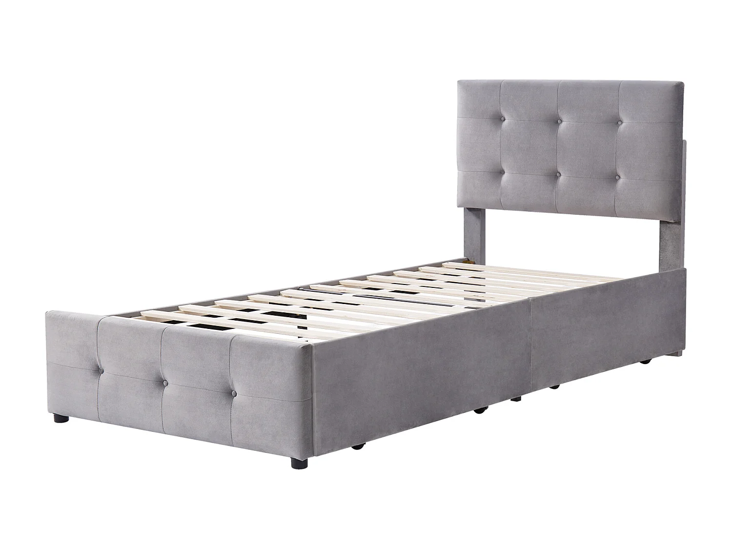 Lit capitonne 90 x 200 cm - avec 2 tiroirs, sommier à lattes et tête de lit relevable, tissu velours, style scandinave - Gris