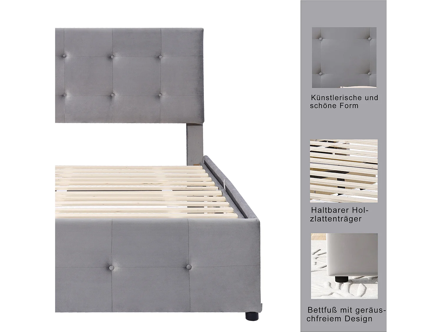 Lit capitonne 90 x 200 cm - avec 2 tiroirs, sommier à lattes et tête de lit relevable, tissu velours, style scandinave - Gris