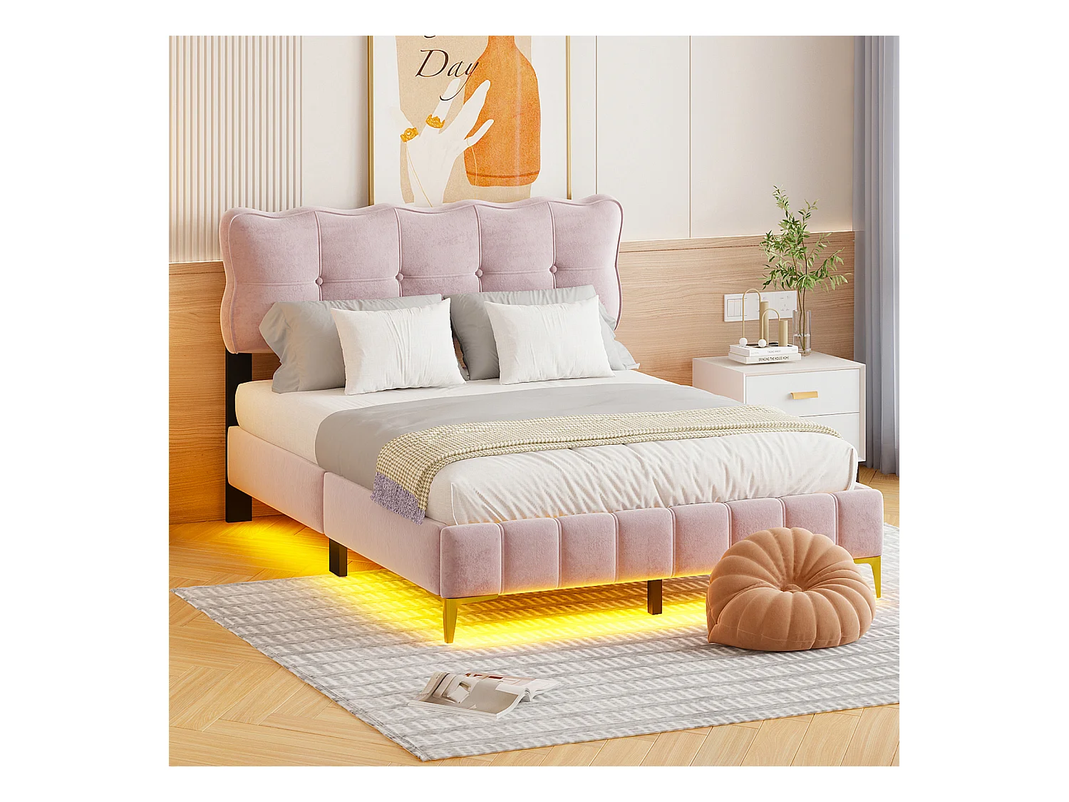 Lit adulte en tissu velours, lit double capitonné avec LED, sommier à lattes, tête de lit, pieds hauts en métal rose 140x200cm