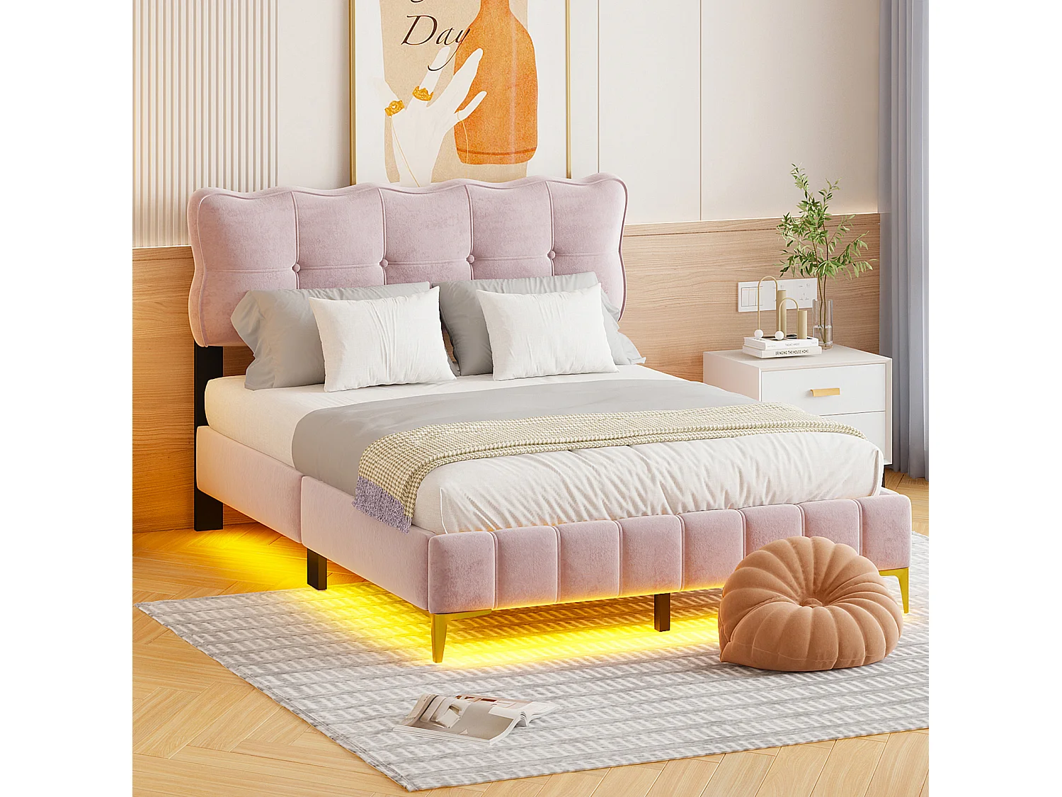 Lit adulte en tissu velours, lit double capitonné avec LED, sommier à lattes, tête de lit, pieds hauts en métal rose 140x200cm