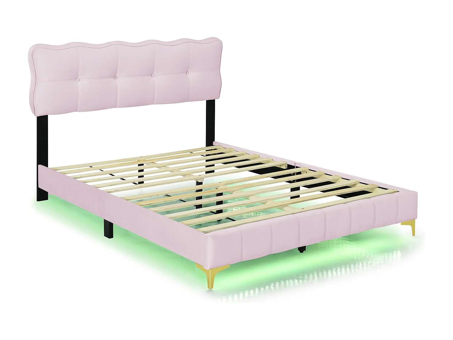 Lit adulte en tissu velours, lit double capitonné avec LED, sommier à lattes, tête de lit, pieds hauts en métal rose 140x200cm