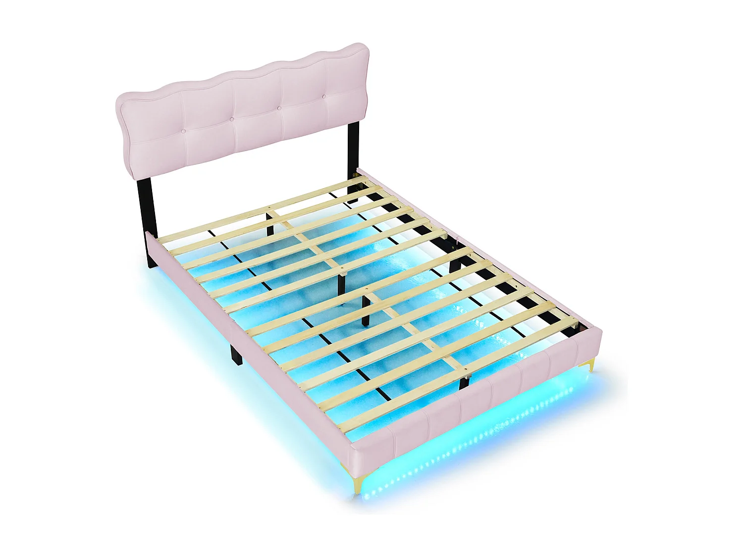 Lit adulte en tissu velours, lit double capitonné avec LED, sommier à lattes, tête de lit, pieds hauts en métal rose 140x200cm