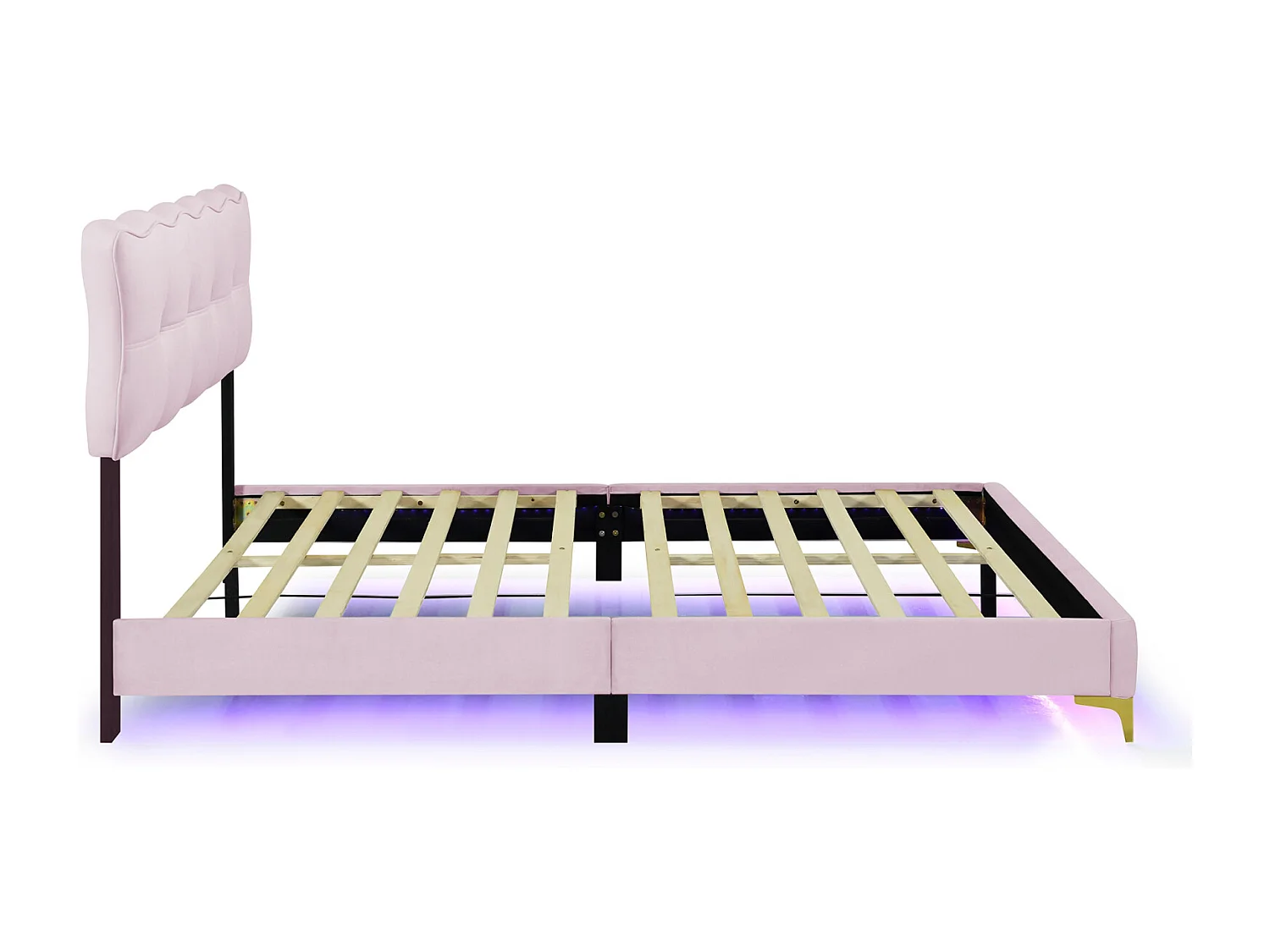 Lit adulte en tissu velours, lit double capitonné avec LED, sommier à lattes, tête de lit, pieds hauts en métal rose 140x200cm