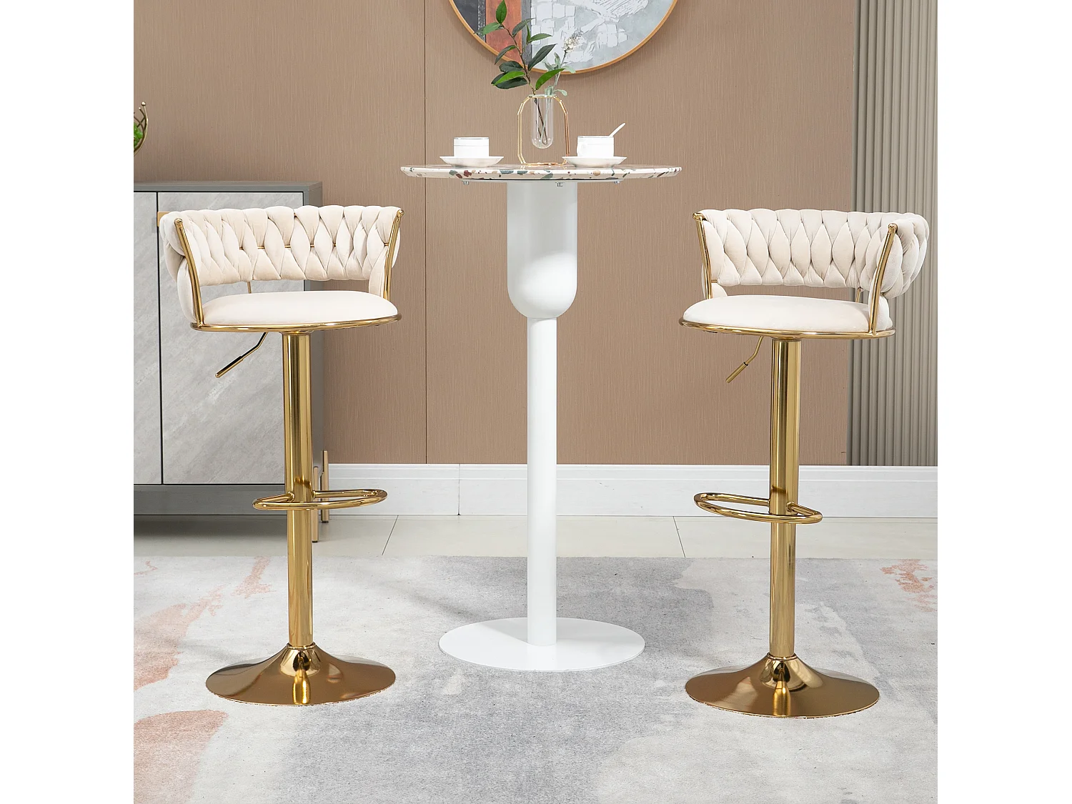 Set de 2 Tabourets de bar pivotantes à 360° et réglables en hauteur avec repose-pieds, velours, beige et argent