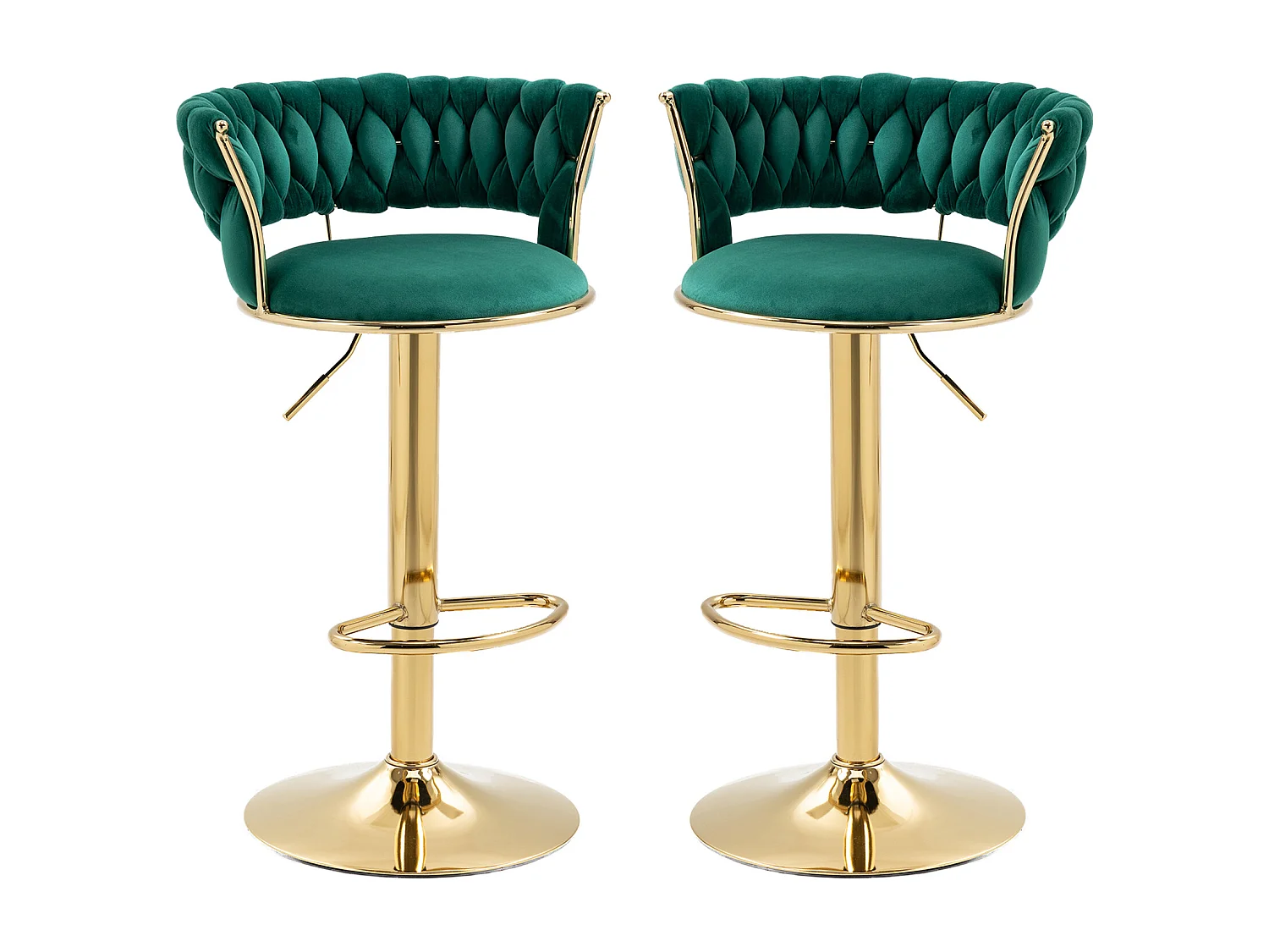 Juego de 2 taburetes de bar giratorios de 360° y regulables en altura con reposapiés, terciopelo, verde y plateado