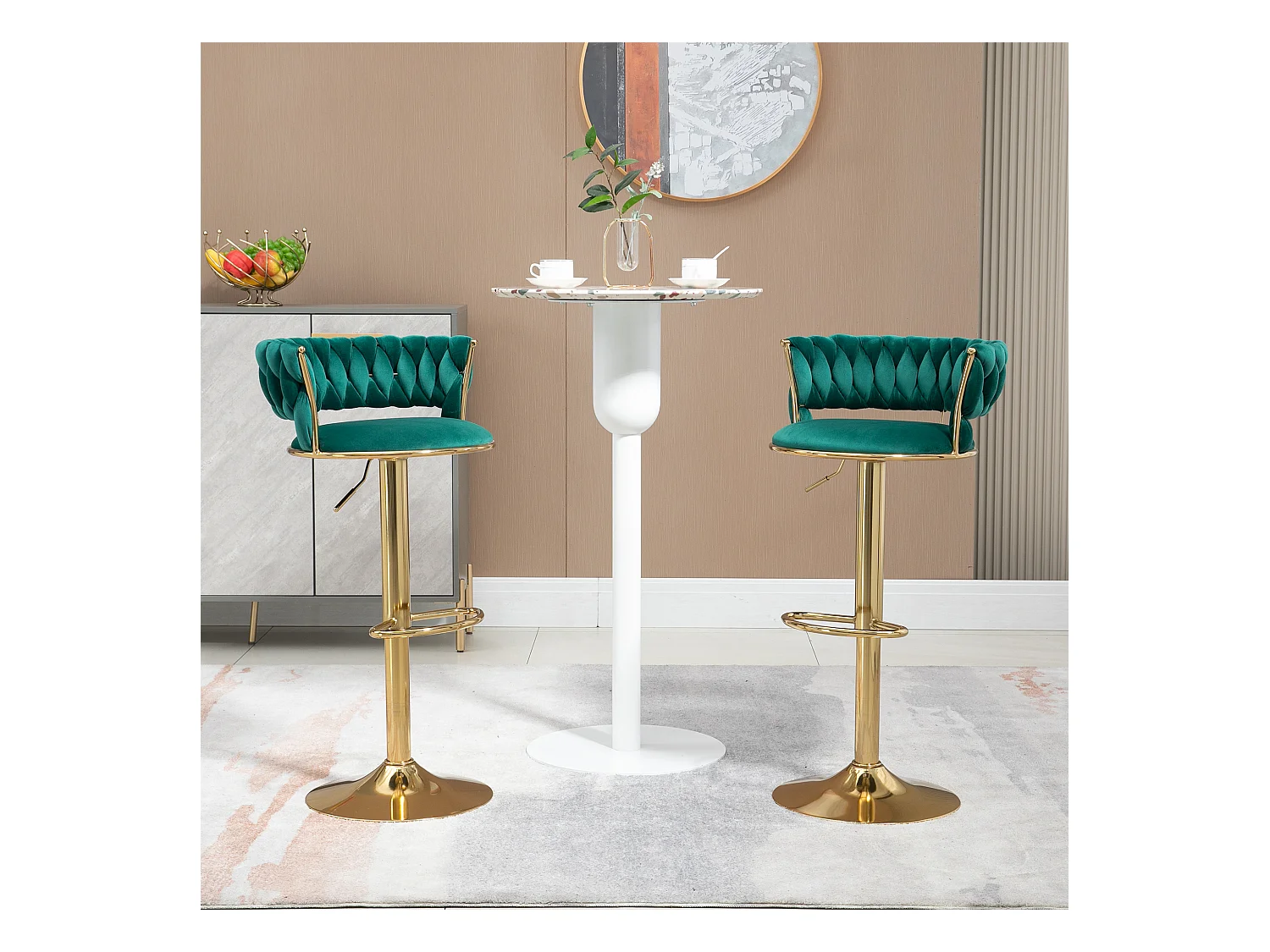 Set de 2 Tabourets de bar pivotantes à 360° et réglables en hauteur avec repose-pieds, velours, vert et argent