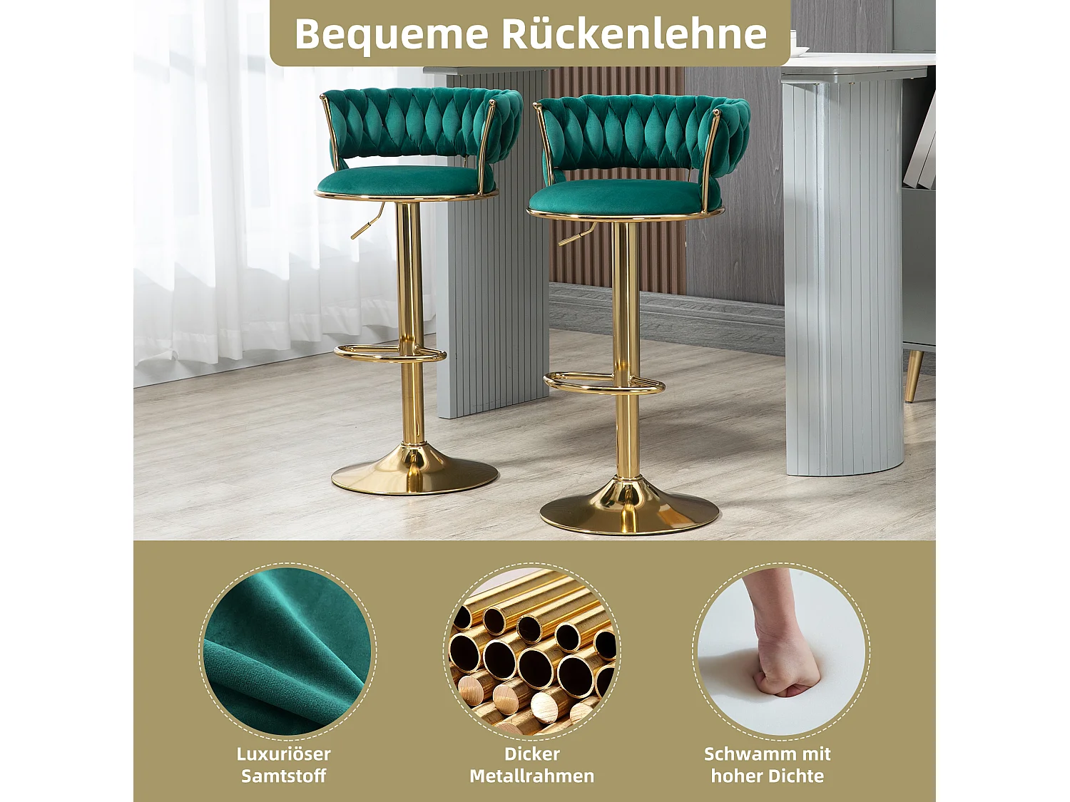 Set de 2 Tabourets de bar pivotantes à 360° et réglables en hauteur avec repose-pieds, velours, vert et argent