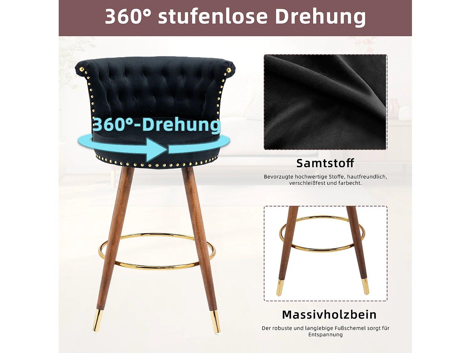 Juego de 2 taburetes de bar giratorios 55,5x51x95,5cm, con respaldo y reposapiés, altura fija 360 grados, color negro