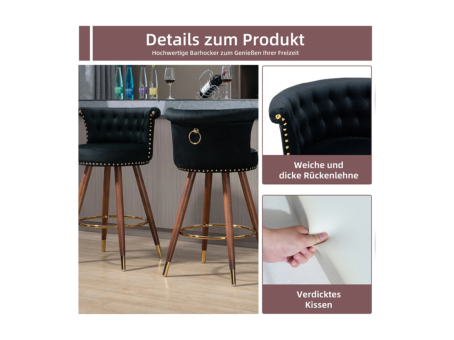 Juego de 2 taburetes de bar giratorios 55,5x51x95,5cm, con respaldo y reposapiés, altura fija 360 grados, color negro