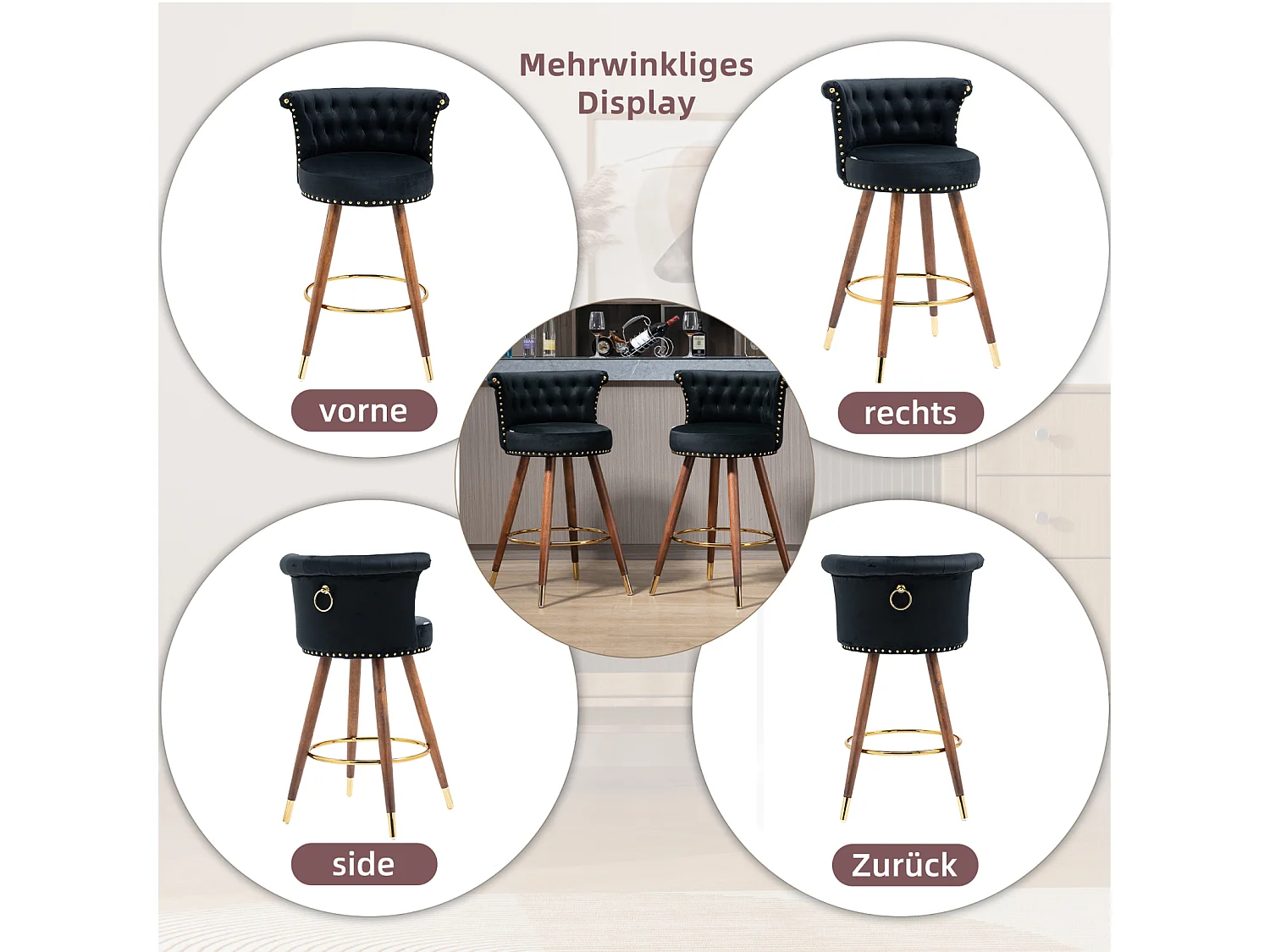 Juego de 2 taburetes de bar giratorios 55,5x51x95,5cm, con respaldo y reposapiés, altura fija 360 grados, color negro