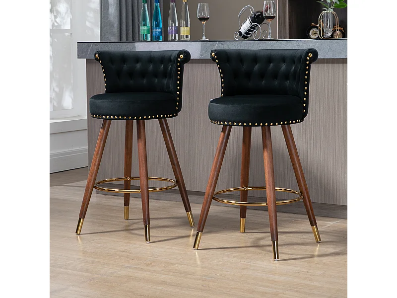 Juego de 2 taburetes de bar giratorios 55,5x51x95,5cm, con respaldo y reposapiés, altura fija 360 grados, color negro