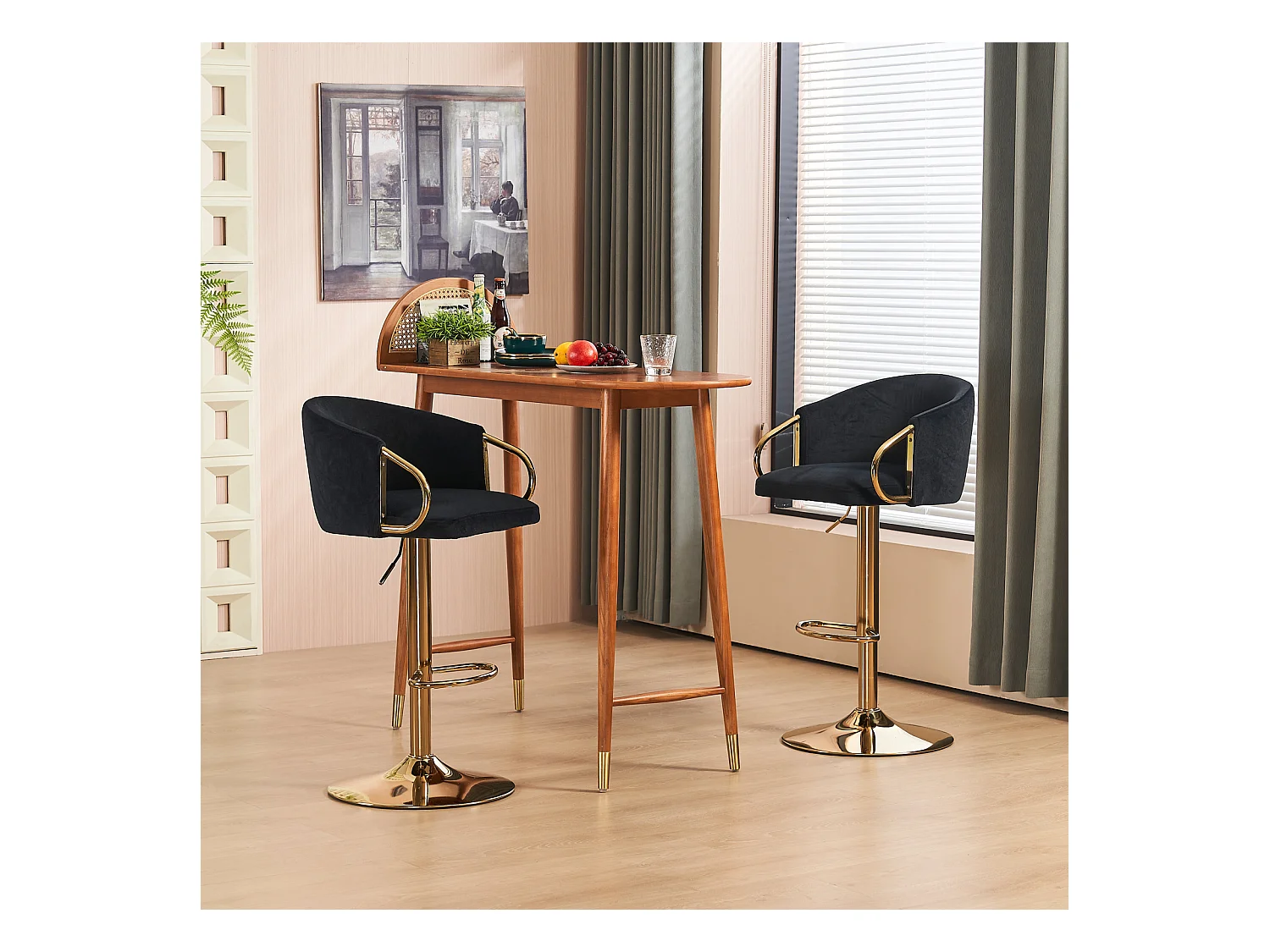 Lot de 2 tabourets de bar, rotatif, réglable en hauteur, tabouret élévateur avec dossier central et repose-pieds doré, noir