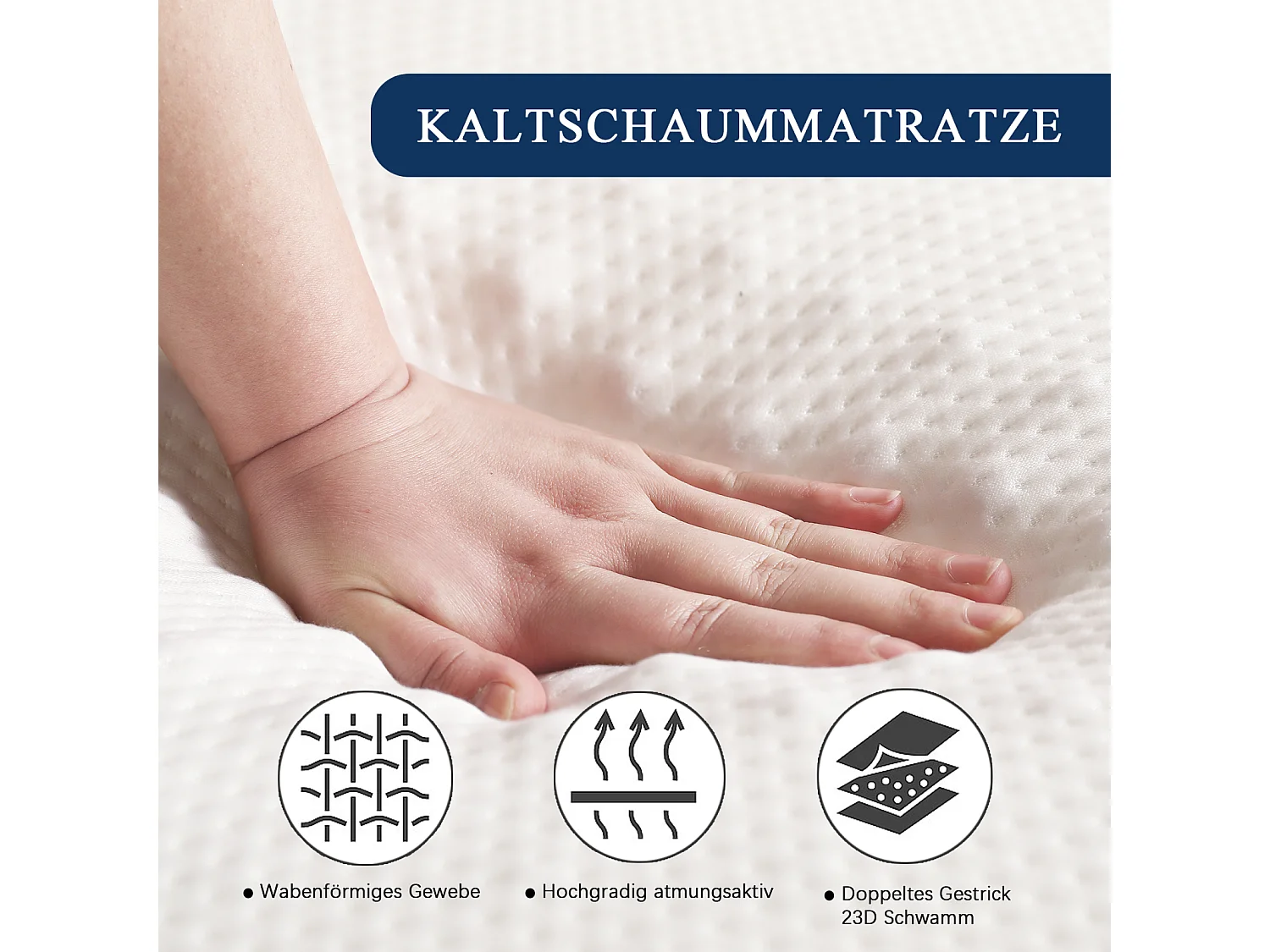 Matelas 90x200cm, tissu nid d'abeille, certifié Oeko-Tex, dureté H3, housse blanche + éponge 23D gris