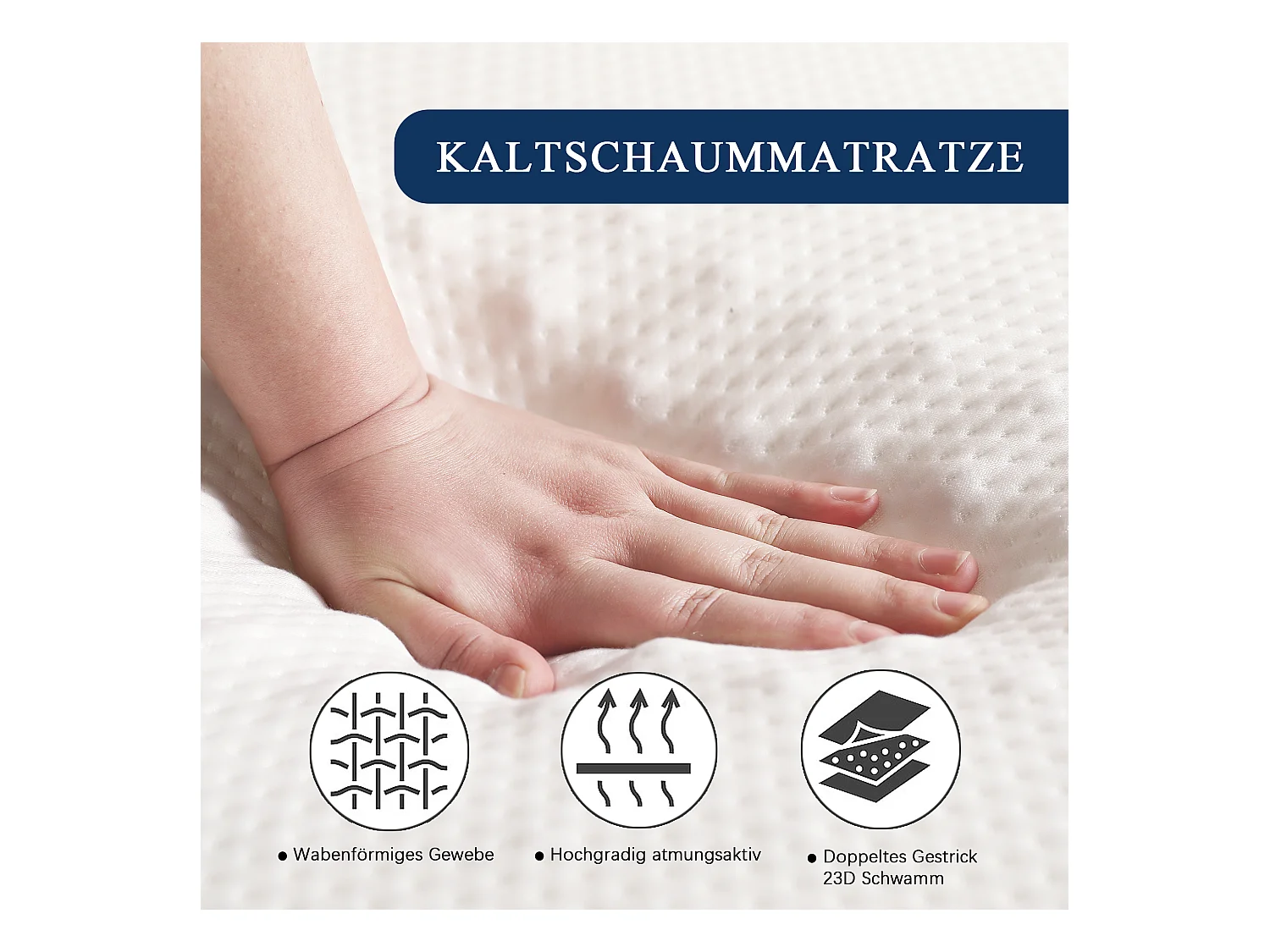 Matelas 140x200cm piable, tissu nid d'abeille, certifié Oeko-Tex, dureté H3, housse blanche + éponge 23D blanc