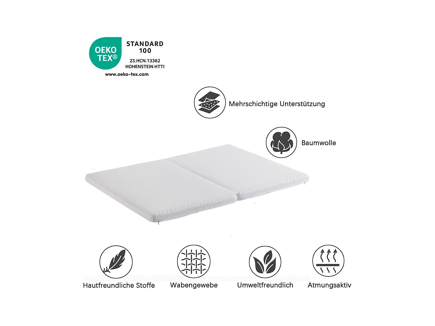 Matelas 140x200cm piable, tissu nid d'abeille, certifié Oeko-Tex, dureté H3, housse blanche + éponge 23D blanc