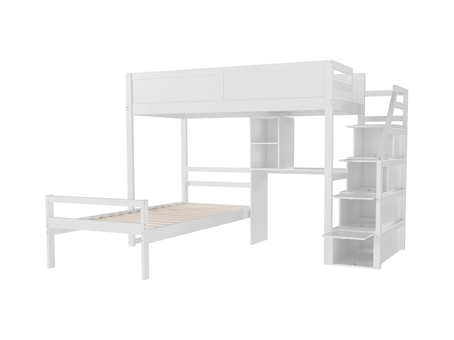 Stapelbed 90x200cm - kinderbed met 2x lattenbodems, trap met opbergruimte, klein bureau - Wit grenen bed