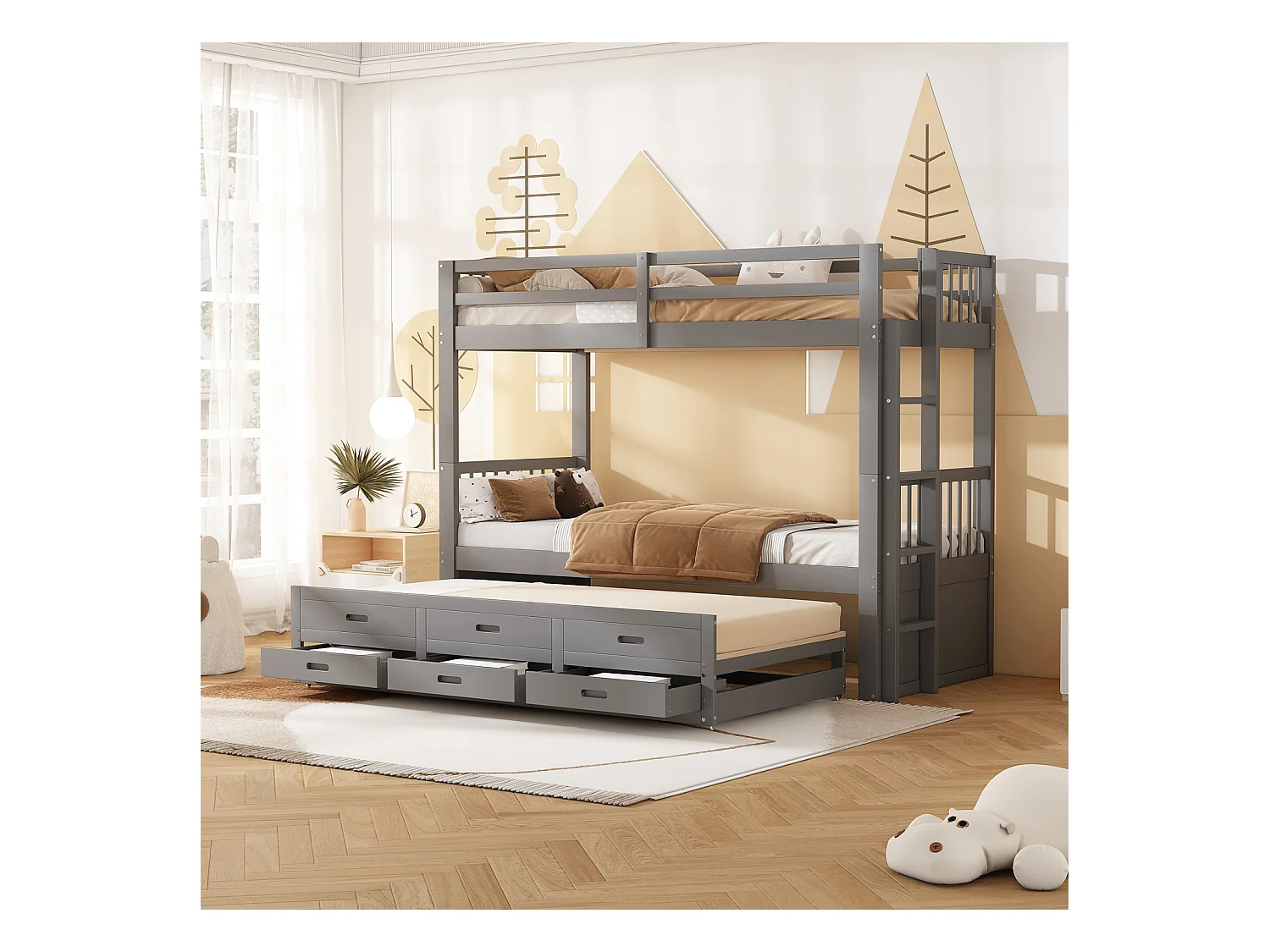 Lit superposé 90x200cm - Lit d'Enfant Cadre de Lit en Pin et MDF avec échelle Échelle - Lit Extensible + 3 Tiroirs Gris