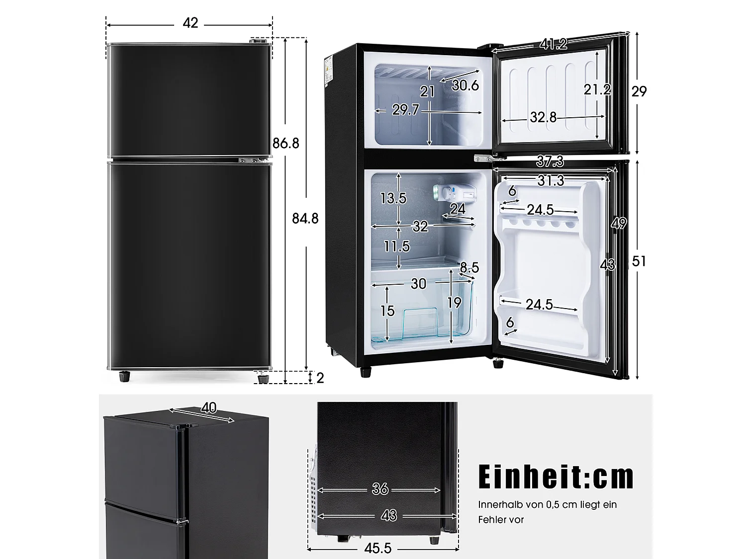 Mini Réfrigérateur - 22L congélateur + 38L réfrigérateur - 42x45.5x86.8cm - 172 kWh/an, lumière LED - Classe F - Noir