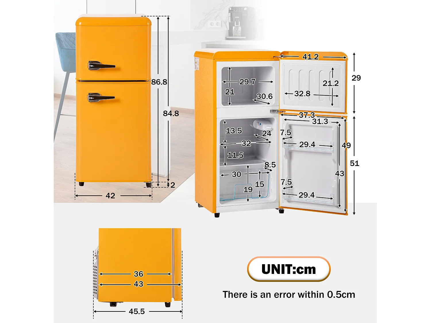 Réfrigérateur Rétro H86x45Lcm - Réfrigérateur Congélateur LED 2 Portes 60L + Congélateur 22L, 163kWh/an, Double Casier à Oeufs et Trois Etagères Intérieures - jaune