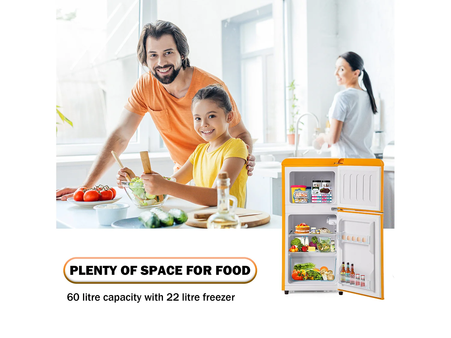 Réfrigérateur Rétro H86x45Lcm - Réfrigérateur Congélateur LED 2 Portes 60L + Congélateur 22L, 163kWh/an, Double Casier à Oeufs et Trois Etagères Intérieures - jaune
