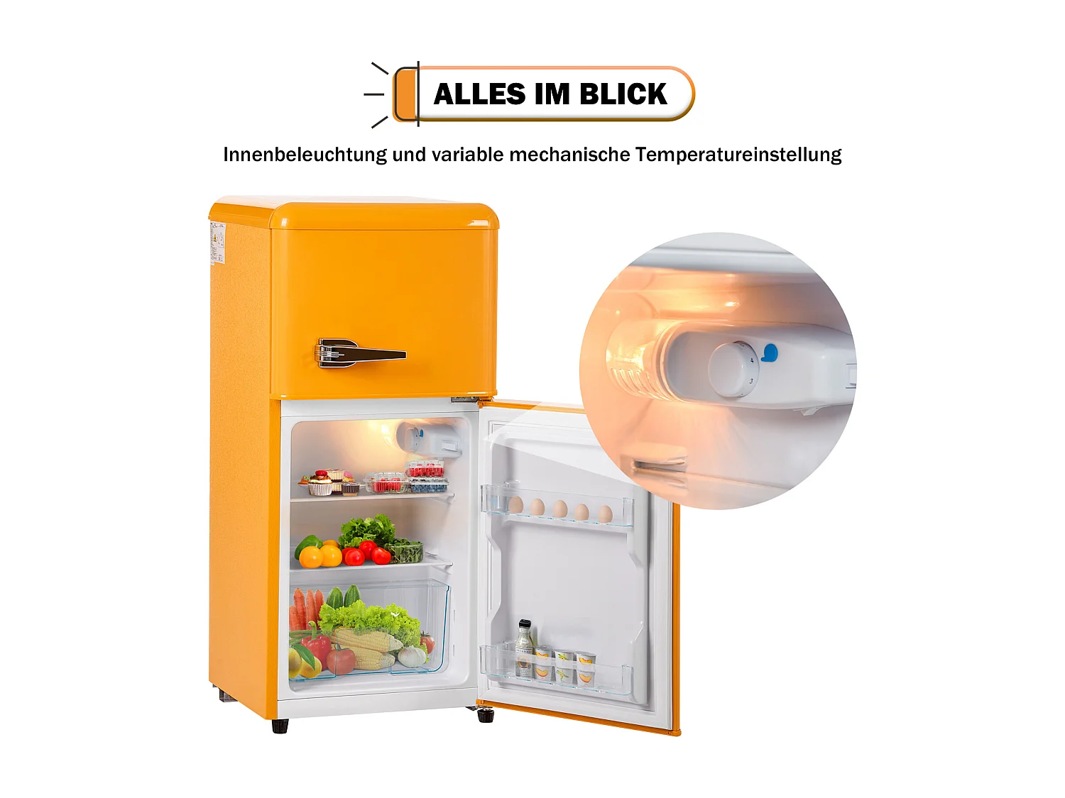 Réfrigérateur Rétro H86x45Lcm - Réfrigérateur Congélateur LED 2 Portes 60L + Congélateur 22L, 163kWh/an, Double Casier à Oeufs et Trois Etagères Intérieures - jaune