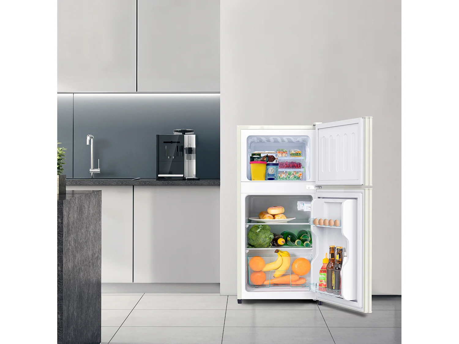 Mini Réfrigérateur - 22L congélateur + 38L réfrigérateur - 42.5x45.5x86.8cm - 163 kWh/an, lumière LED - Classe F -Blanc