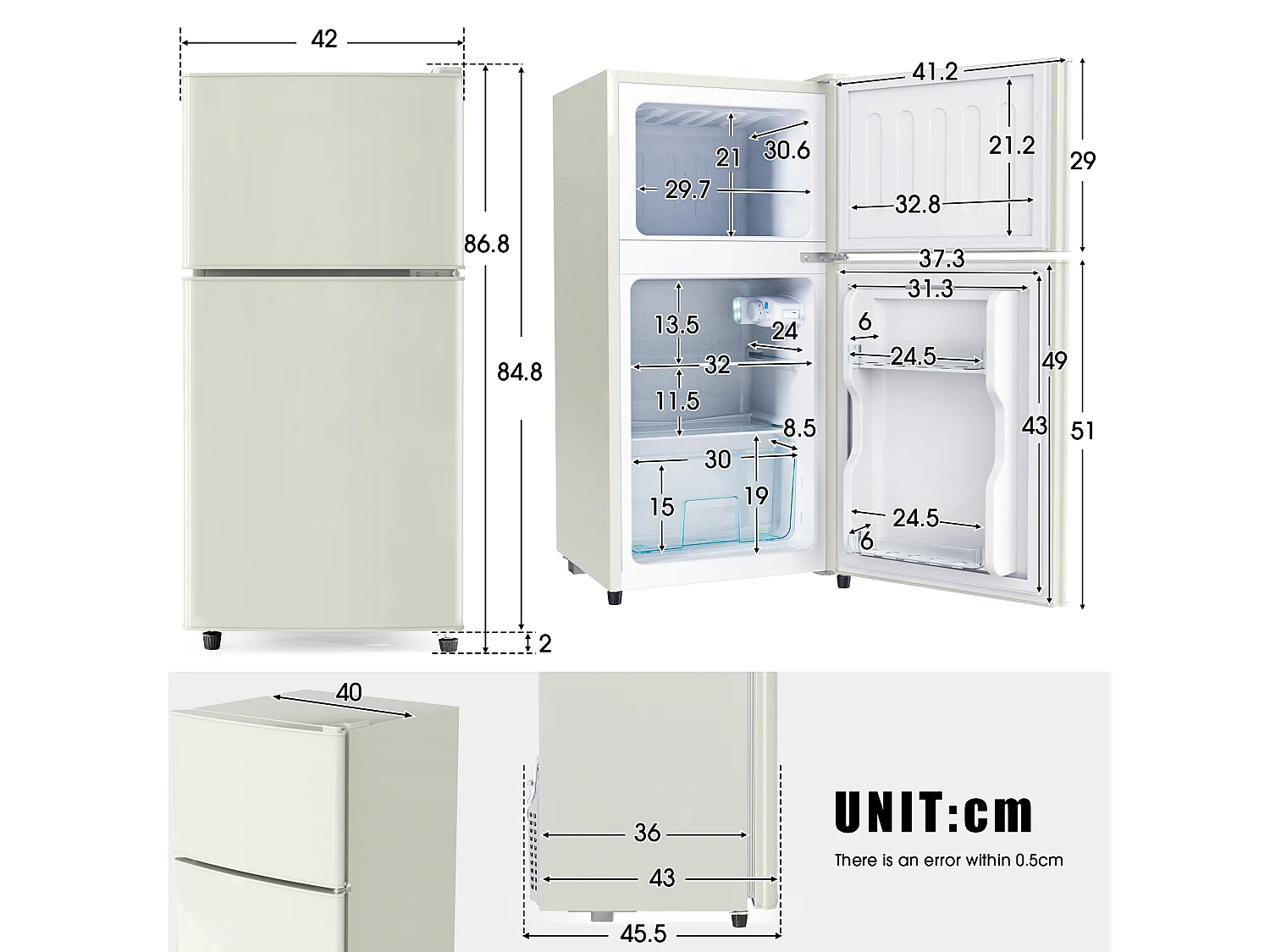 Mini Réfrigérateur - 22L congélateur + 38L réfrigérateur - 42.5x45.5x86.8cm - 163 kWh/an, lumière LED - Classe F -Blanc