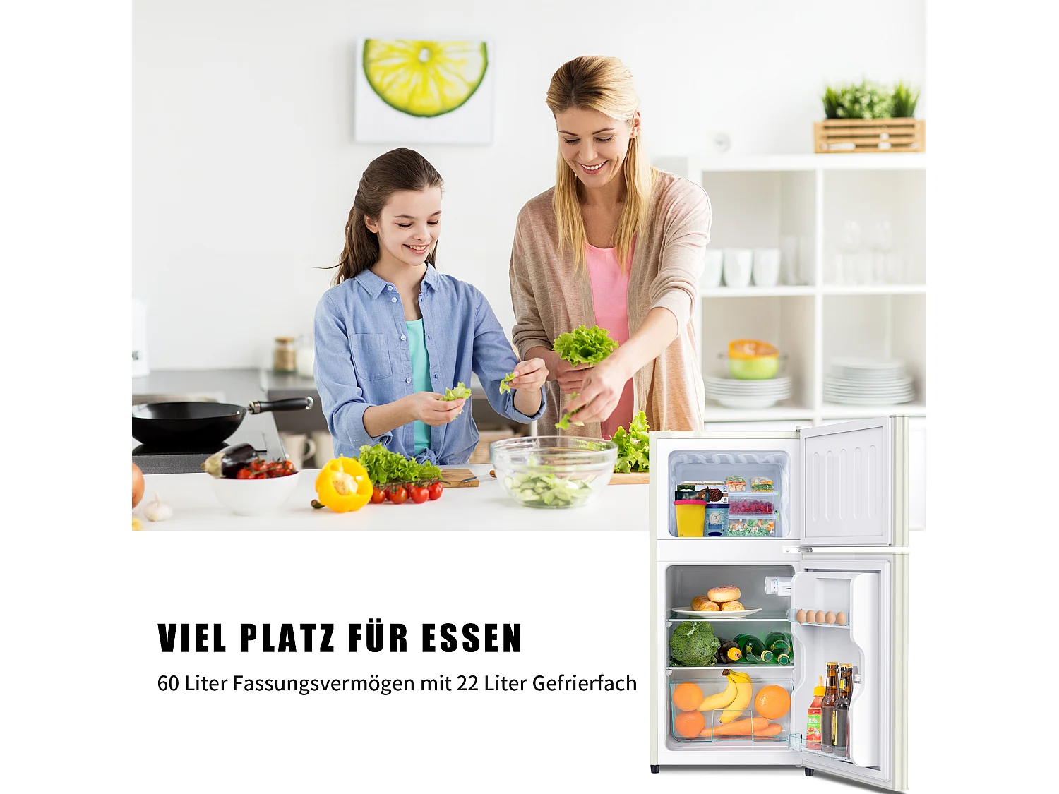 Mini Réfrigérateur - 22L congélateur + 38L réfrigérateur - 42.5x45.5x86.8cm - 163 kWh/an, lumière LED - Classe F -Blanc