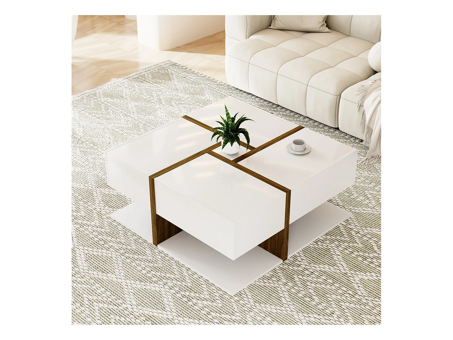 Table Basse 78cm, rectangulaire, avec 4 tiroirs cachés, style Moderne, design géométrique, table de salon en bois - Blanc