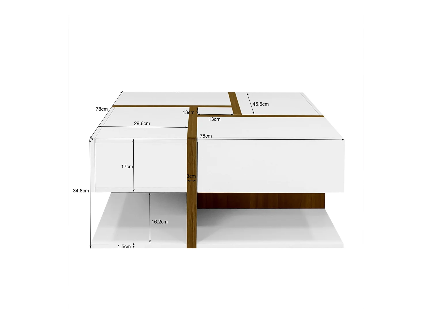 Tavolino da caffè da 78 cm, rettangolare, con 4 cassetti nascosti, stile moderno, design geometrico, tavolo da soggiorno in legno - bianco