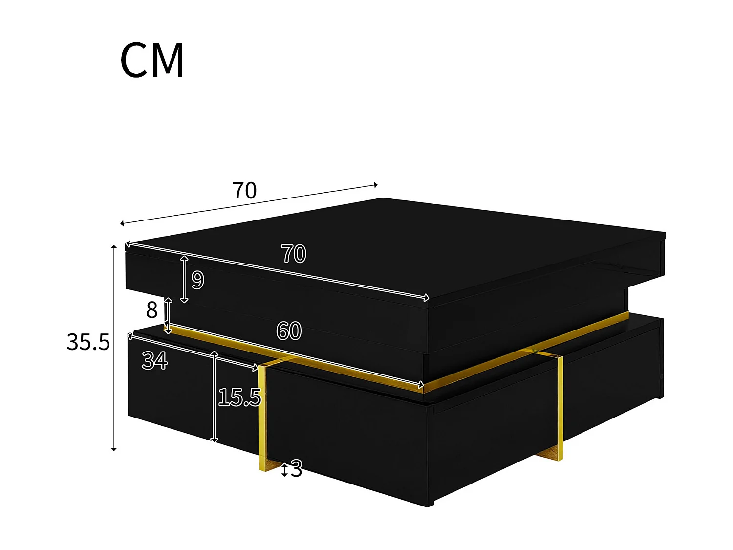 Tavolino da caffè 70x70cmx35,5, tavolo quadrato lucido con cassetti e dettagli dorati, nero